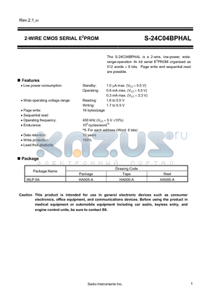 S-24C04BPHAL datasheet - 2-WIRE CMOS SERIAL E2PROM