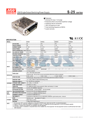 S-25-12 datasheet - 25W Single Output Switching Power Supply