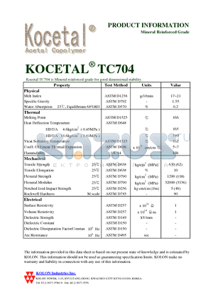 TC704 datasheet - Kocetal TC704 is Mineral reinforced grade for good dimensional stability.
