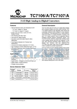 TC7106ACPL datasheet - 3-1/2 Digit Analog-to-Digital Converters