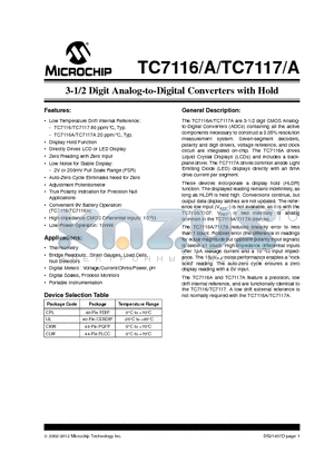 TC7117A datasheet - 3-1/2 Digit Analog-to-Digital Converters with Hold