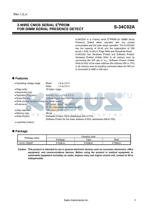 S-34C02A datasheet - 2-WIRE CMOS SERIAL E2PROM FOR DIMM SERIAL PRESENCE DETECT