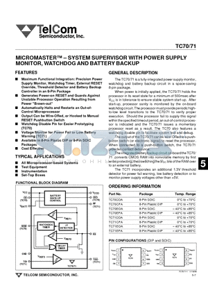 TC71COA datasheet - MICROMASTER - SYSTEM SUPERVISOR WITH POWER SUPPLY MONITOR, WATCHDOG AND BATTERY BACKUP