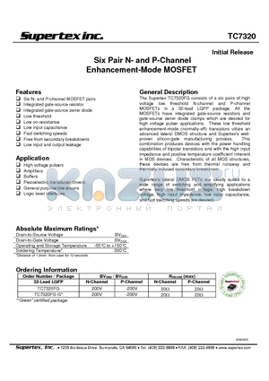TC7320 datasheet - Six Pair N- and P-Channel Enhancement-Mode MOSFET