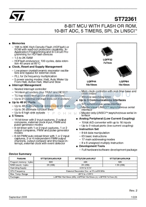 ST72F361J9T3 datasheet - 8-BIT MCU WITH FLASH OR ROM, 10-BIT ADC, 5 TIMERS, SPI, 2x LINSCI