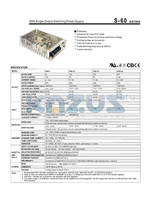 S-60 datasheet - 60W Single Output Switching Power Supply