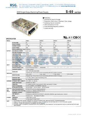 S-60 datasheet - 60W Single Output Switching Power Supply