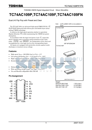 TC74AC109FN datasheet - CMOS Digital Integrated Circuit Silicon Monolithic Dual J-K Flip Flop with Preset and Clear