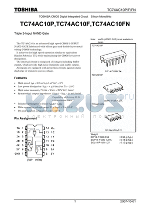 TC74AC10P_07 datasheet - CMOS Digital Integrated Circuit Silicon Monolithic Triple 3-Input NAND Gate
