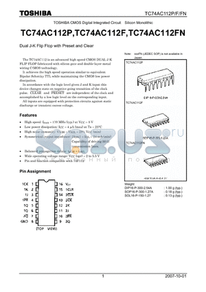 TC74AC112P datasheet - CMOS Digital Integrated Circuit Silicon Monolithic Dual J-K Flip Flop with Preset and Clear