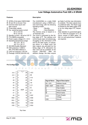 UL62H256AS2A55 datasheet - Low Voltage Automotive Fast 32K x 8 SRAM