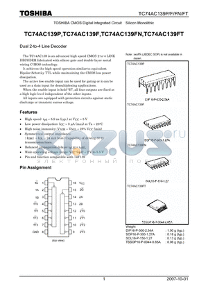 TC74AC139P_07 datasheet - CMOS Digital Integrated Circuit Silicon Monolithic Dual 2-to-4 Line Decoder