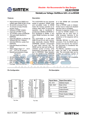 UL631H256SC35 datasheet - SimtekLow Voltage SoftStore 32K x 8 nvSRAM