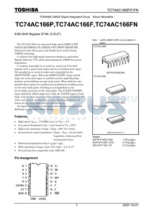 TC74AC166P datasheet - CMOS Digital Integrated Circuit Silicon Monolithic 8-Bit Shift Register (P-IN, S-OUT)