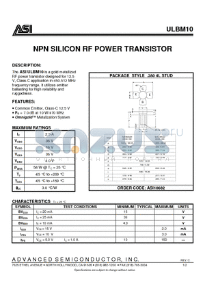 ULBM10 datasheet - NPN SILICON RF POWER TRANSISTOR