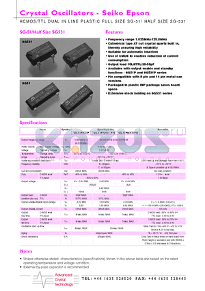 SG531 datasheet - Crystal Oscillators(HCMOS/TTL DUAL IN LINE PLASTIC FULL SIZE SG-51/ HALF SIZE SG-531)