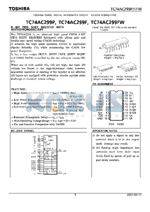 TC74AC299P datasheet - 8-BIT PIPO SHIFT REGISTER WITH ASYNCHRONOUSCLEAR