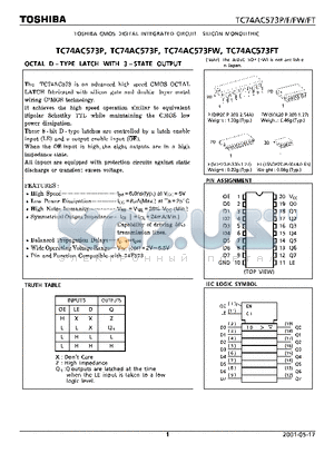 TC74AC573F datasheet - OCTAL D - TYPE LATCH WITH 3 - STATE OUTPUT