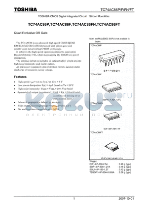 TC74AC86FT datasheet - CMOS Digital Integrated Circuit Silicon Monolithic Quad Exclusive OR Gate