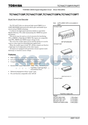 TC74ACT139FT datasheet - CMOS Digital Integrated Circuit Silicon Monolithic Dual 2-to-4 Line Decoder