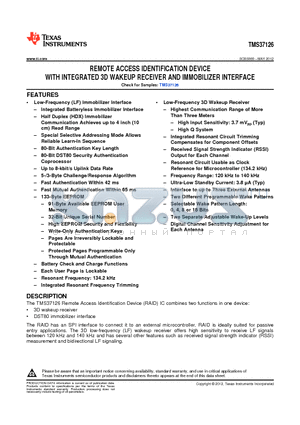 TMS37126 datasheet - REMOTE ACCESS IDENTIFICATION DEVICEWITH INTEGRATED 3D WAKEUP RECEIVER AND IMMOBILIZER INTERFACE