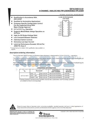 SN74LV4051A-Q1 datasheet - 8-CHANNEL ANALOG MULTIPLEXER/DEMULTIPLEXER