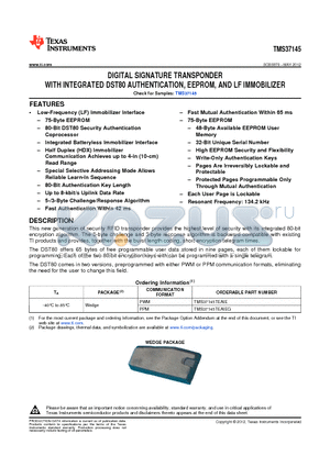 TMS37145 datasheet - DIGITAL SIGNATURE TRANSPONDER WITH INTEGRATED DST80 AUTHENTICATION, EEPROM, AND LF IMMOBILIZER