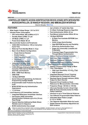 TMS37F128 datasheet - CONTROLLER REMOTE ACCESS IDENTIFICATION DEVICE (CRAID) WITH INTEGRATED MICROCONTROLLER, 3D WAKEUP RECEIVER, AND IMMOBILIZER INTERFACE