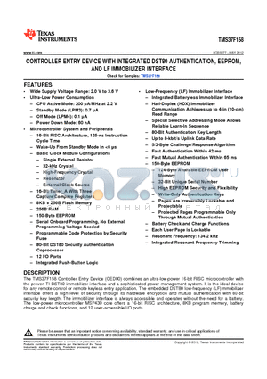 TMS37F158 datasheet - CONTROLLER ENTRY DEVICE WITH INTEGRATED DST80 AUTHENTICATION, EEPROM, AND LF IMMOBILIZER INTERFACE