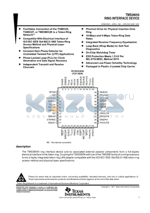 TMS38054FNL datasheet - TMS38054 RING INTERFACE DEVICE