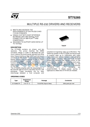 ST75285CTR datasheet - MULTIPLE RS-232 DRIVERS AND RECEIVERS