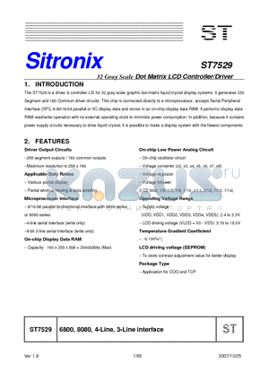 ST7529 datasheet - 32 Gray Scale Dot Matrix LCD Controller/Driver