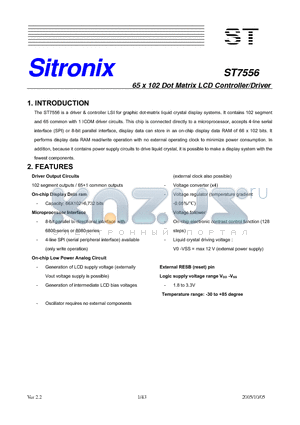 ST7556 datasheet - 65 x 102 Dot Matrix LCD Controller/Driver