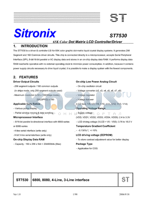 ST7530 datasheet - 65K Color Dot Matrix LCD Controller/Driver