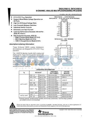 SN74LV4051APWR datasheet - 8-CHANNEL ANALOG MULTIPLESERS/DEMULTIPLEXERS
