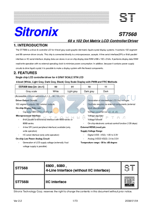 ST7568 datasheet - 68 x 102 Dot Matrix LCD Controller/Driver
