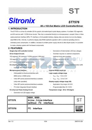 ST7576 datasheet - 66 x 102 Dot Matrix LCD Controller/Driver