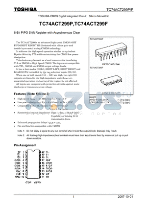 TC74ACT299P datasheet - CMOS Digital Integrated Circuit Silicon Monolithic 8-Bit PIPO Shift Register with Asynchronous Clear