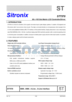 ST7578 datasheet - 66 x 102 Dot Matrix LCD Controller/Driver