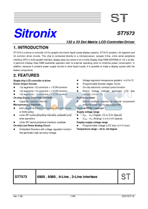 ST7573 datasheet - 132 x 33 Dot Matrix LCD Controller/Driver