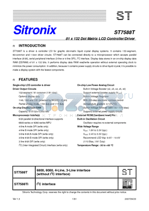 ST7588T datasheet - 81 x 132 Dot Matrix LCD Controller/Driver