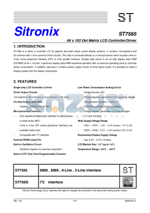 ST7585 datasheet - 66 x 102 Dot Matrix LCD Controller/Driver