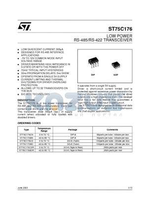 ST75C176BD datasheet - LOW POWER RS-485/RS-422 TRANSCEIVER