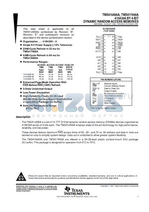 TMS417400ADJ datasheet - 4194304 BY 4-BIT DYNAMIC RANDOM-ACCESS MEMORIES