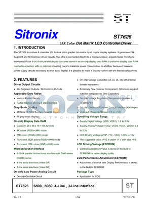 ST7626 datasheet - 65K Color Dot Matrix LCD Controller/Driver