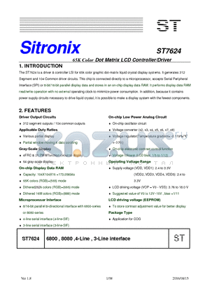 ST7624 datasheet - 65K Color Dot Matrix LCD Controller/Driver