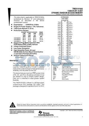 TMS418160 datasheet - 1048576 BY 16-BIT DYNAMIC RANDOM-ACCESS MEMORY