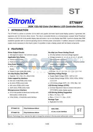 ST7669V datasheet - 262K 132x162 Color Dot Matrix LCD Controller/Driver