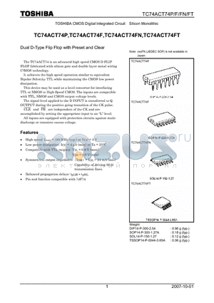 TC74ACT74F datasheet - CMOS Digital Integrated Circuit Silicon Monolithic Dual D-Type Flip Flop with Preset and Clear