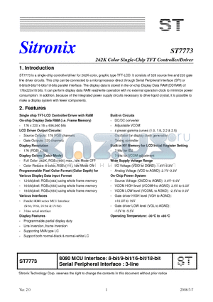 ST7773 datasheet - 262K Color Single-Chip TFT Controller/Driver